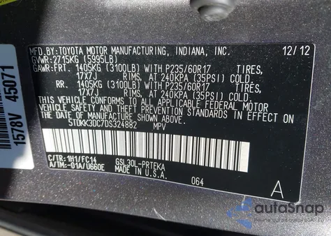 2013 Toyota Sienna Le V6 8 Passenger z USA, uszkodzony, nr VIN 5TDKK3DC7DS324882